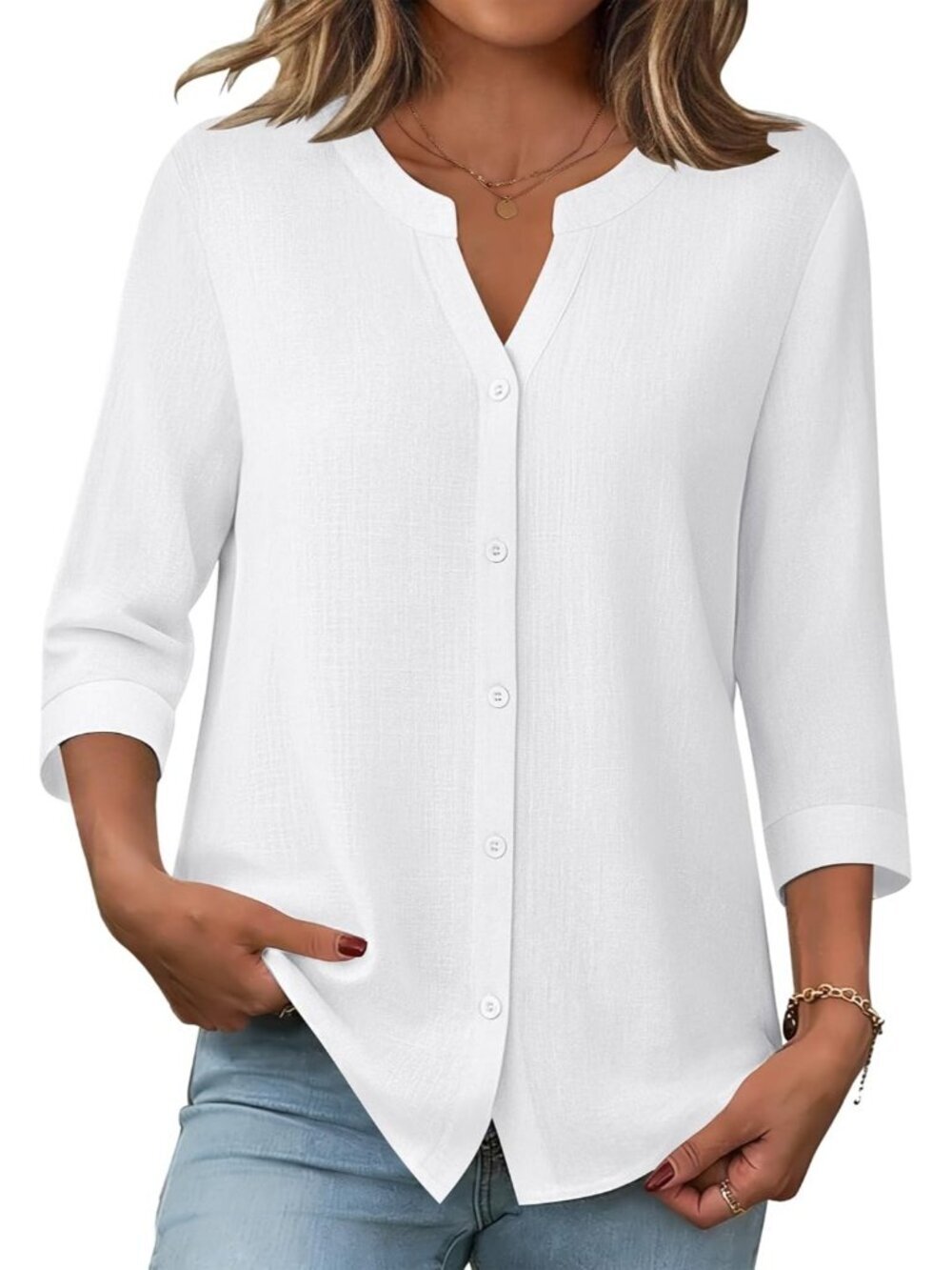Women's White Button Down Sleeve Linen Cotton V Neck Casual Loose Work Blouses